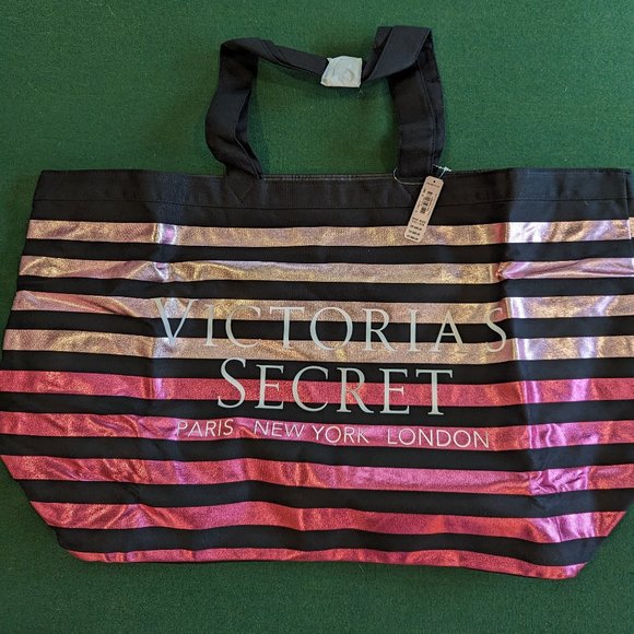 Handbags - NWT Victoria's Secret Large Black w/ Hot Pink & Rose Gold Stripes Tote/Beach Bag